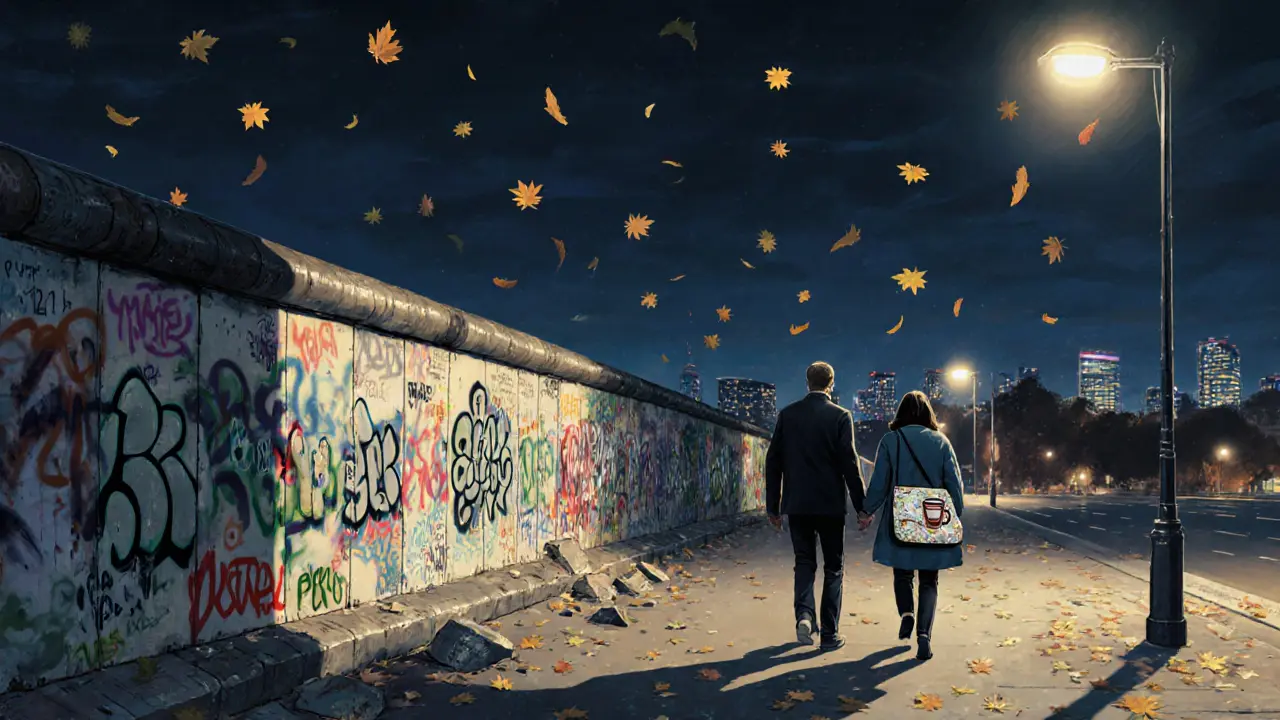 A couple walking along the Berlin Wall at night, surrounded by ambient streetlights and falling leaves.