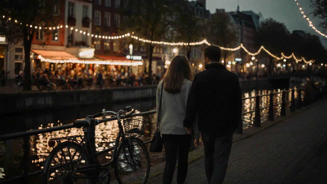 A couple walking peacefully along a Berlin canal at dusk, sharing calm company.