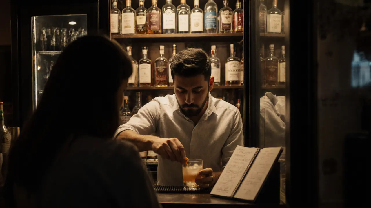 A hidden bar behind a fridge door where a bartender crafts a drink based on a guest&#039;s story.