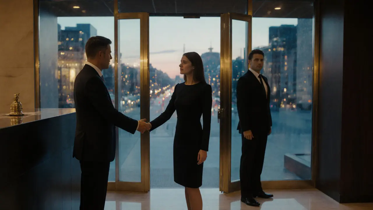 A professional meeting in a Berlin hotel lobby, discreet and respectful.