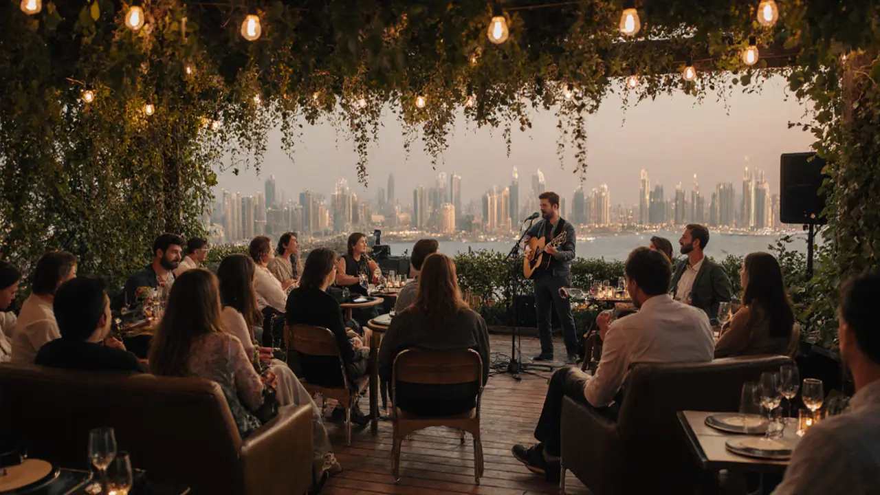 A serene suspended garden rooftop with vines, acoustic music, and a glowing Dubai skyline.