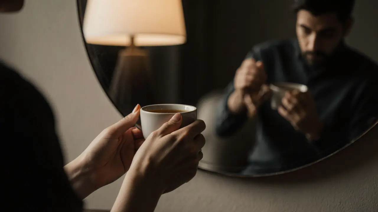 A woman&#039;s hands hold a cup of tea in a quiet lounge, reflecting emotional stillness and quiet connection.