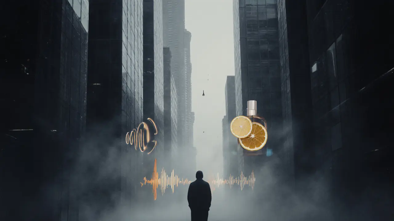 Abstract symbols of attraction — symmetry, scent, sound — drift around a lone figure in a foggy Dubai alley at night.