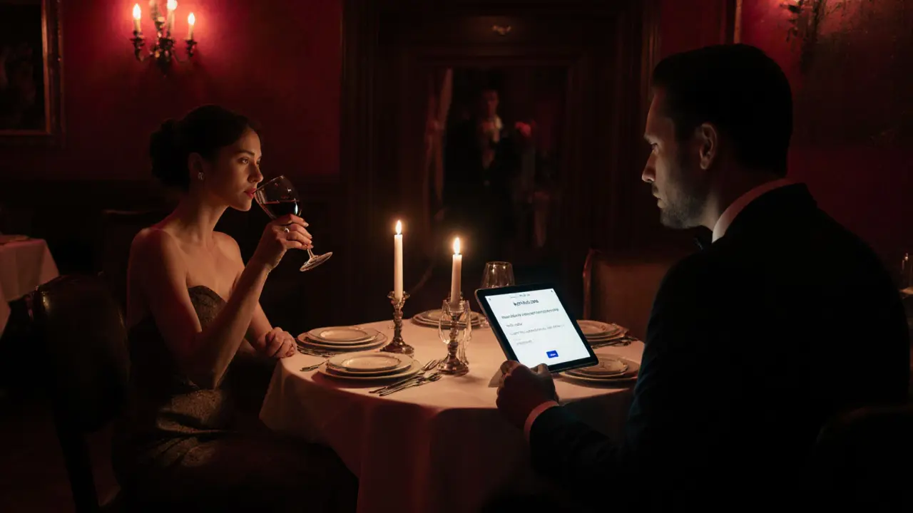 Candlelit restaurant table with a discreet booking confirmation on a tablet.