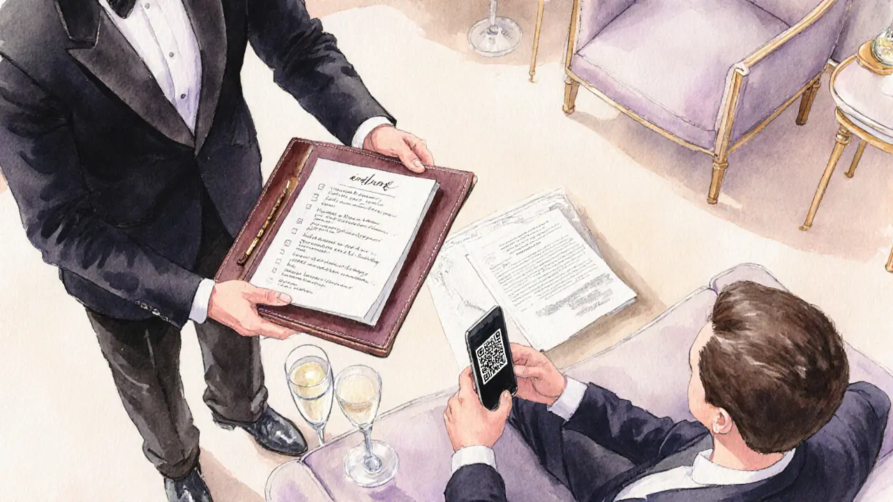 Concierge handing a luxury itinerary and crypto payment QR code in a boutique lounge.