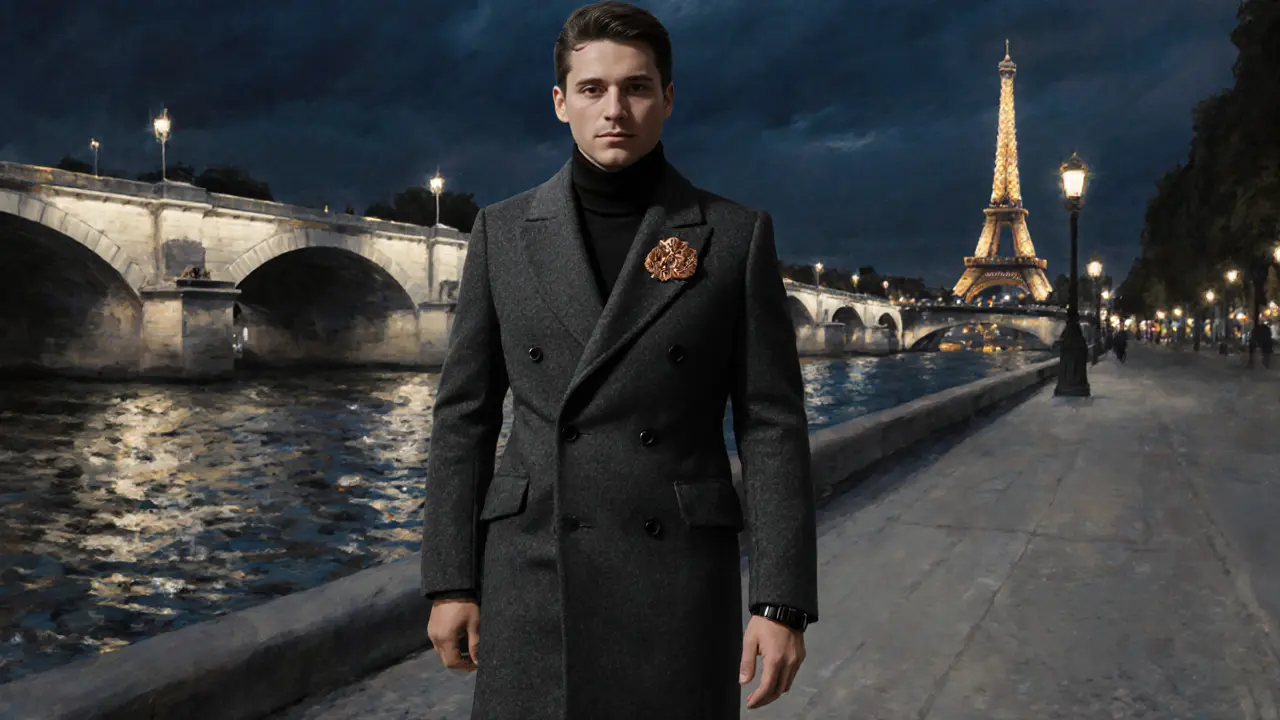 Confident figure walks along the Seine at night with the illuminated bridge behind.