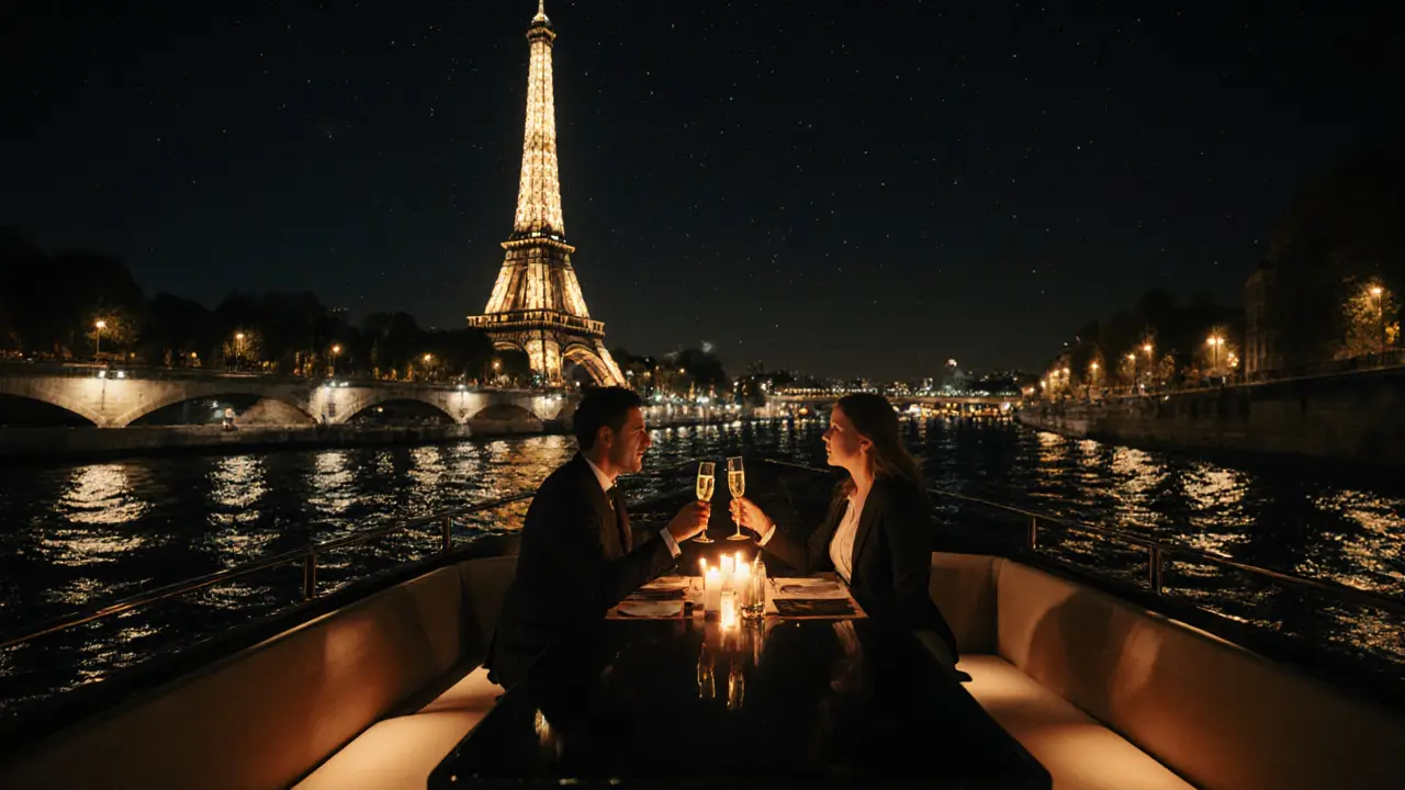 Couple enjoying a candlelit dinner aboard a private Seine cruise with the Eiffel Tower lit.