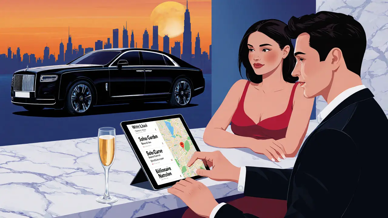Couple planning a night out with a tablet, champagne, and a luxury car nearby.
