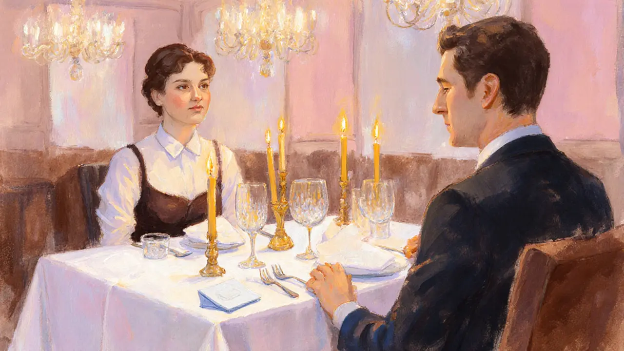 Couple sharing a candlelit dinner, with a tip envelope on the table.