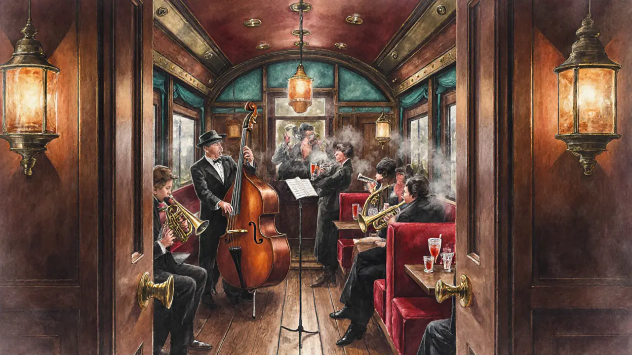 Cozy 1940s speakeasy inside a faux railway carriage with live band and patrons.