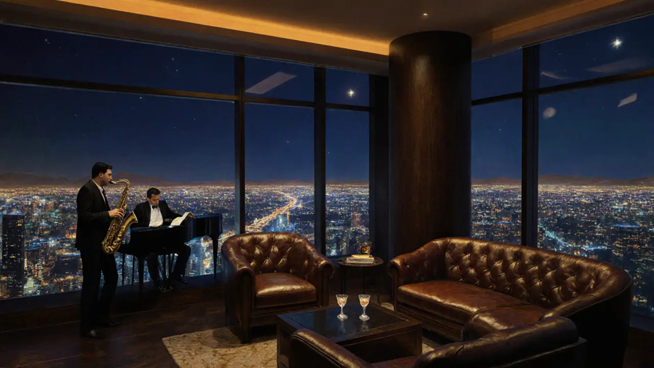 Cozy Skyline Lounge with jazz trio, nightcap, and city lights seen through large windows.