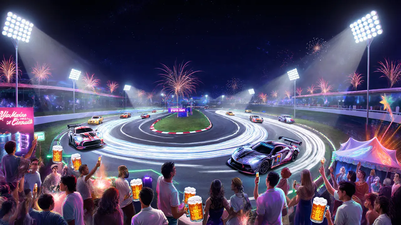 Crowd watching fast cars race at Yas Marina Circuit night race with a lively pop‑up lounge.
