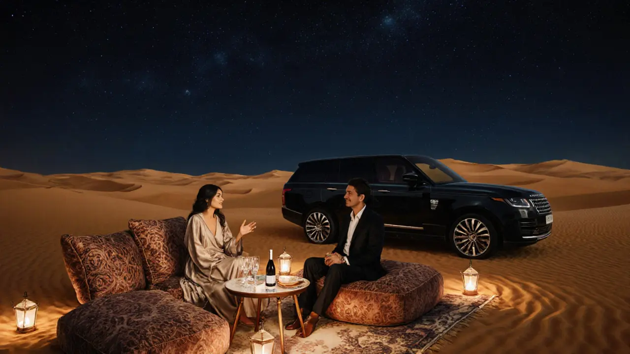 Desert camp scene with lanterns, plush cushions, and an elegant companion chatting with a client.