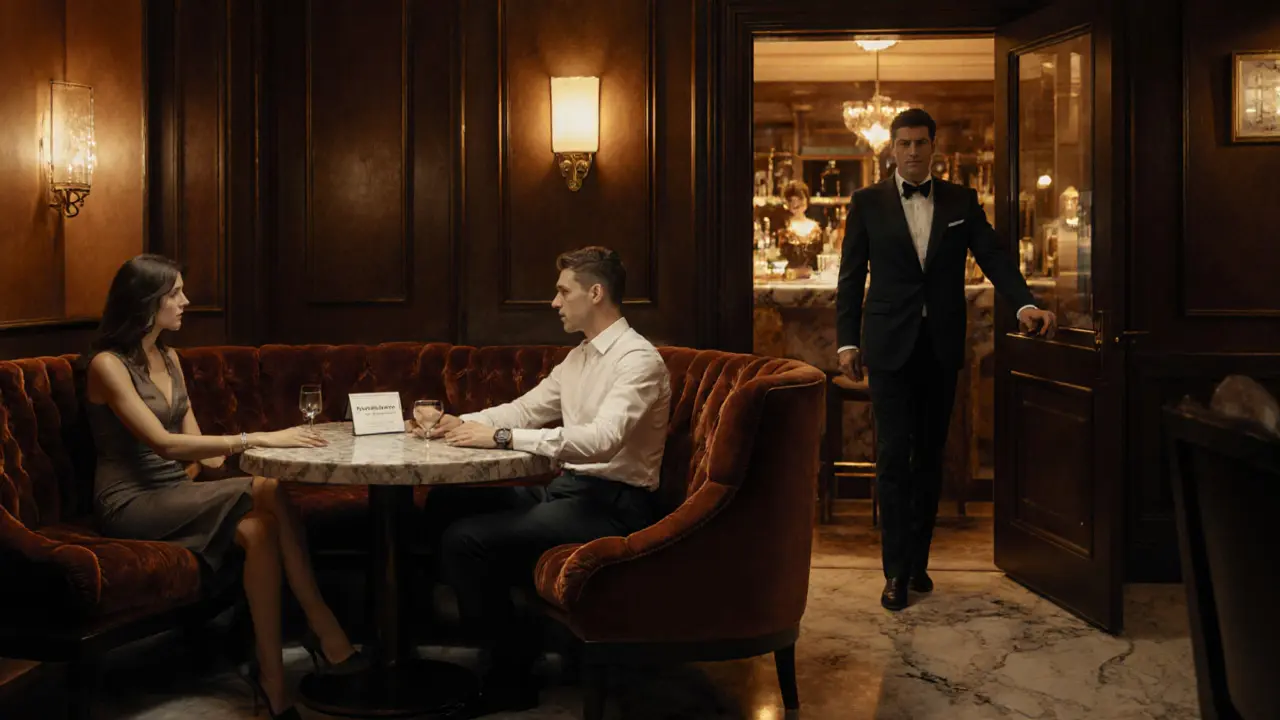 Elegant hotel lounge with a gentleman and escort at a private table, chauffeur waiting nearby.