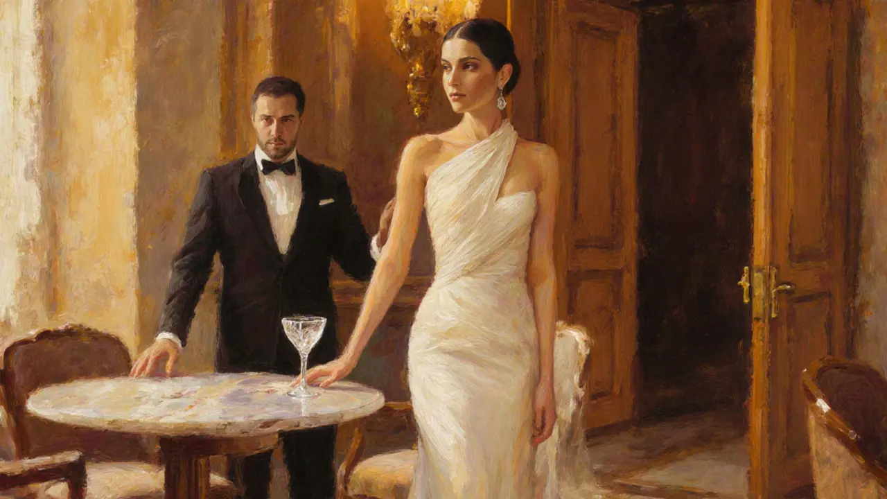 Elegant woman in an ivory gown in a luxe lounge with soft lighting and discreet concierge.