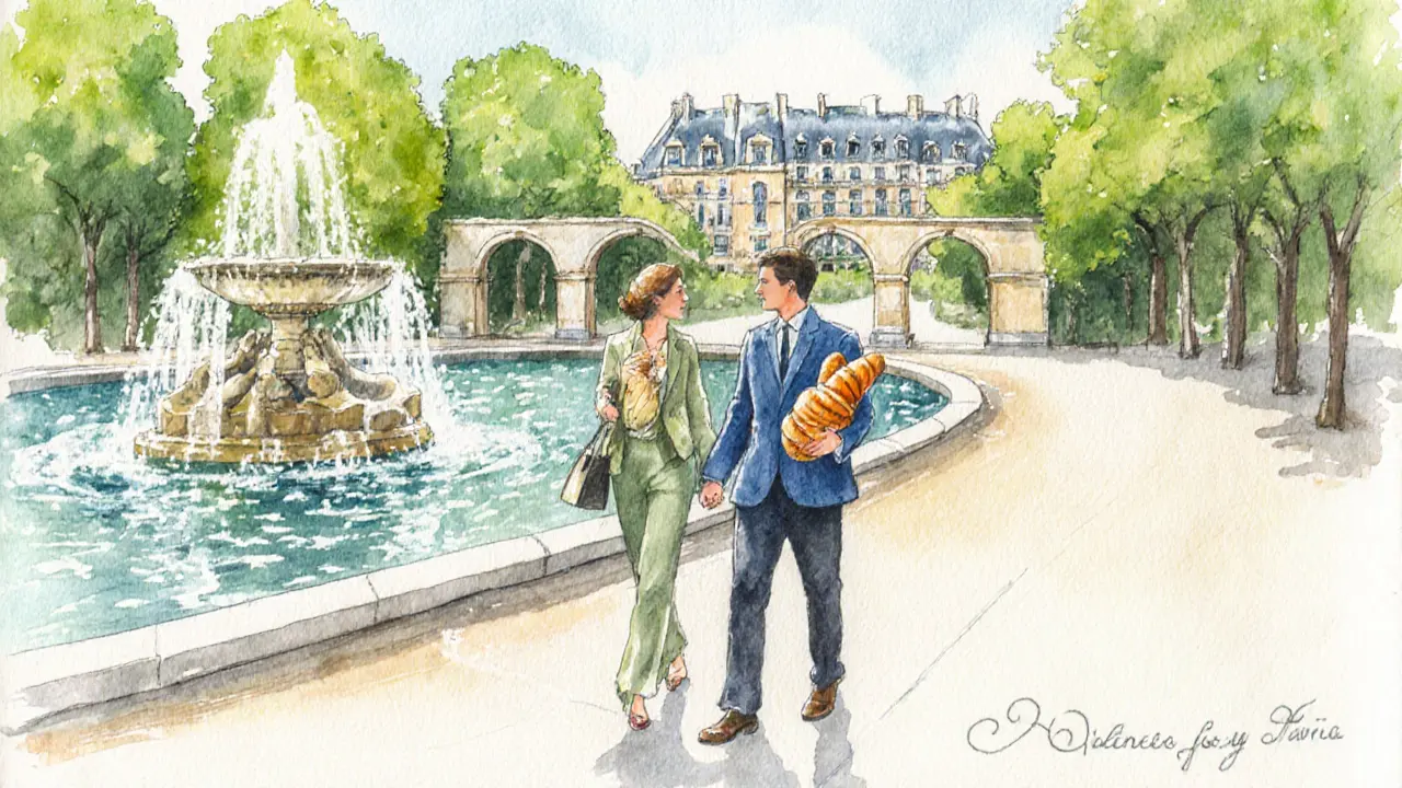 Escort and client strolling through Luxembourg Gardens beside the Medici Fountain.