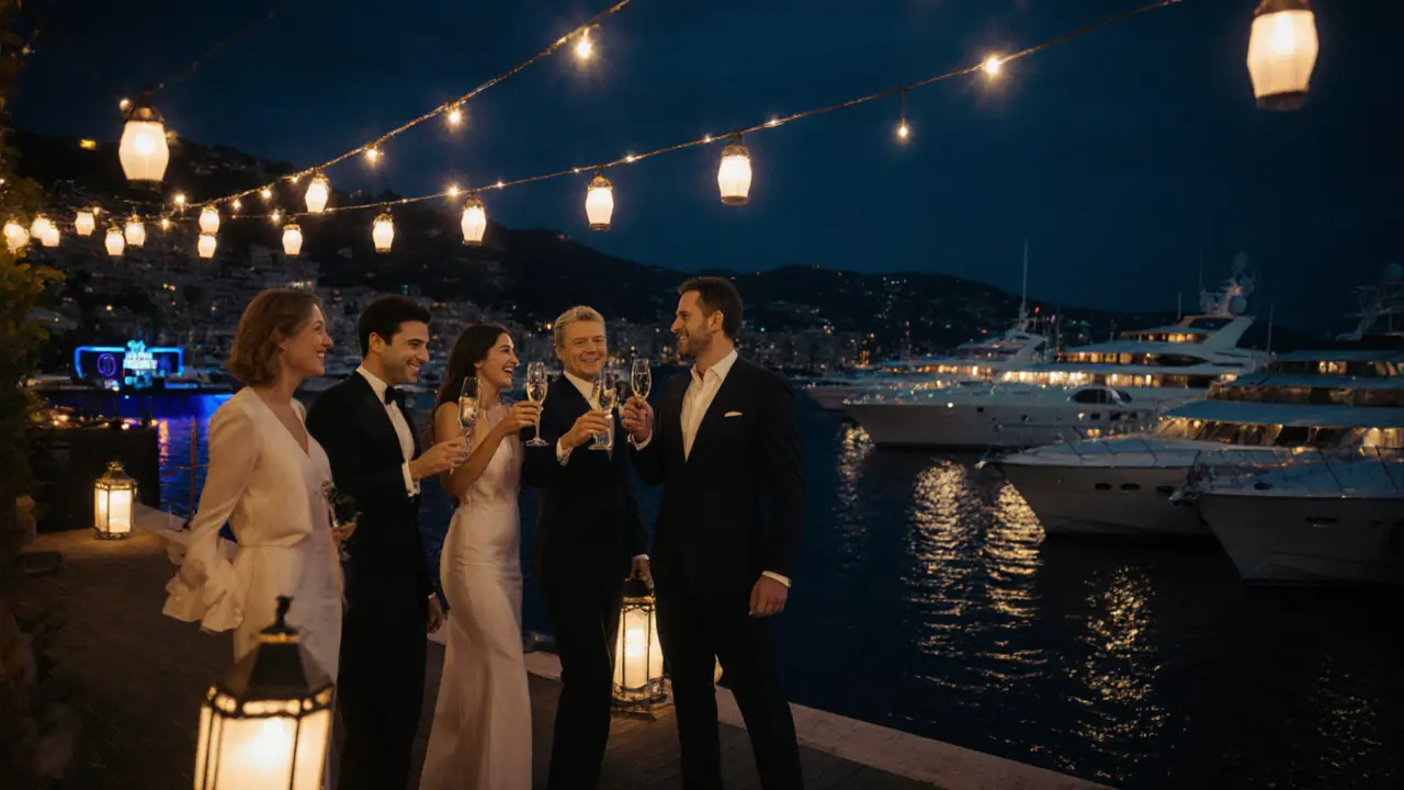 Exclusive yacht club pier at night with guests clinking glasses under string lights and gentle waves.