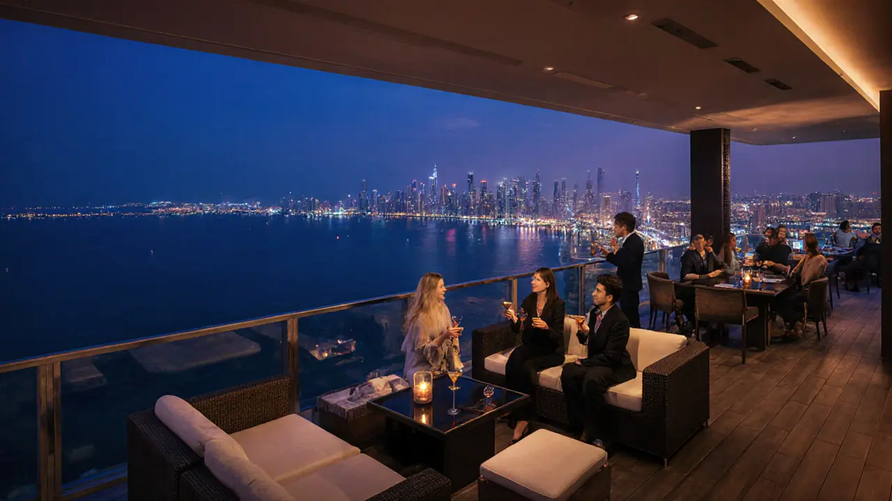 Guests sipping cocktails on the 108° Lounge rooftop overlooking Abu Dhabi's nighttime skyline.