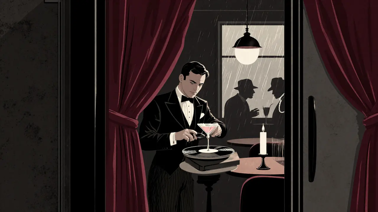 Hidden speakeasy with velvet curtains, candlelight, and a jazz record player in a dim room.