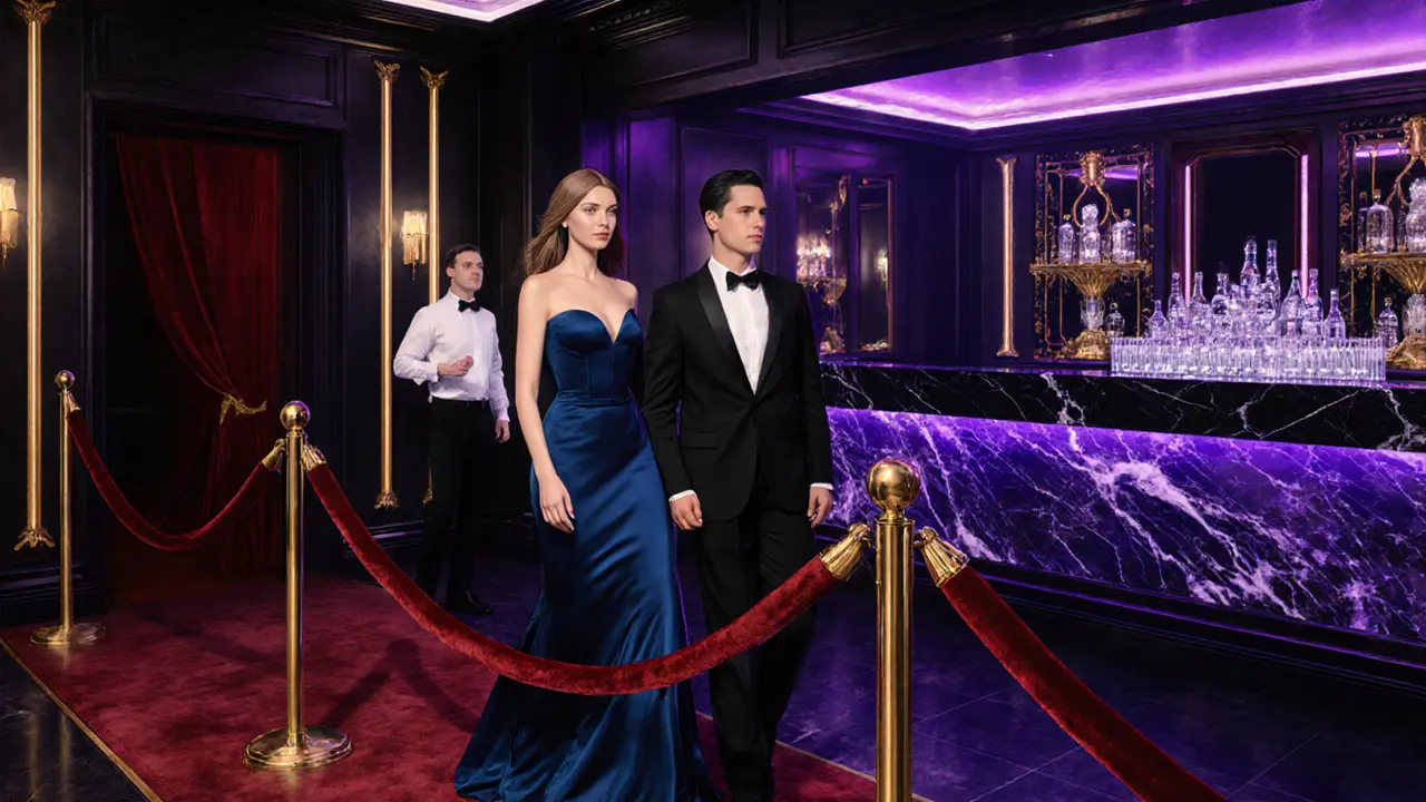 High‑end escort leading a man into an exclusive Berlin club with velvet rope.