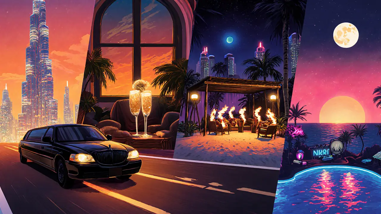 Illustrated timeline of a Dubai night: limousine, sunset lounge, beach cabana, sunrise pool.