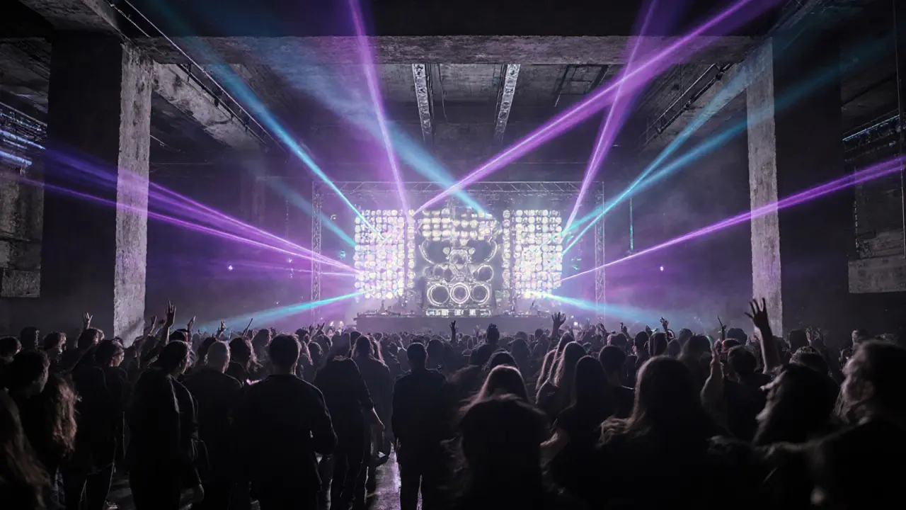 Inside Fabric club with dark industrial interior, laser lights and dancing crowd in black.