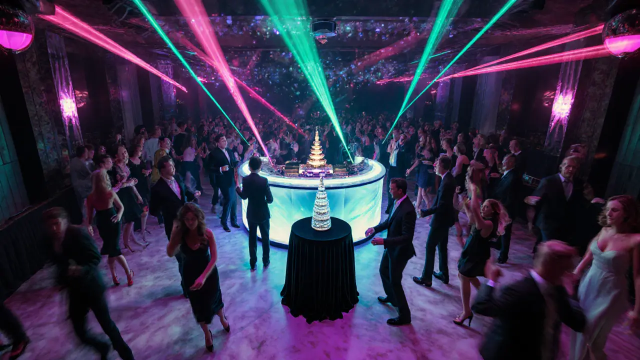 Inside Jimmy&#039;s nightclub, a dance floor lit by neon lasers and upscale crowd.