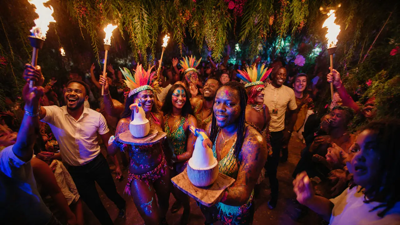 Jungle-themed party with dancers in feathers, coconut cocktails, and tiki torches under neon lights.