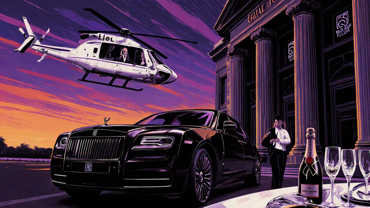 Limousine and helicopter delivering VIP guests to an exclusive club with bottle service.