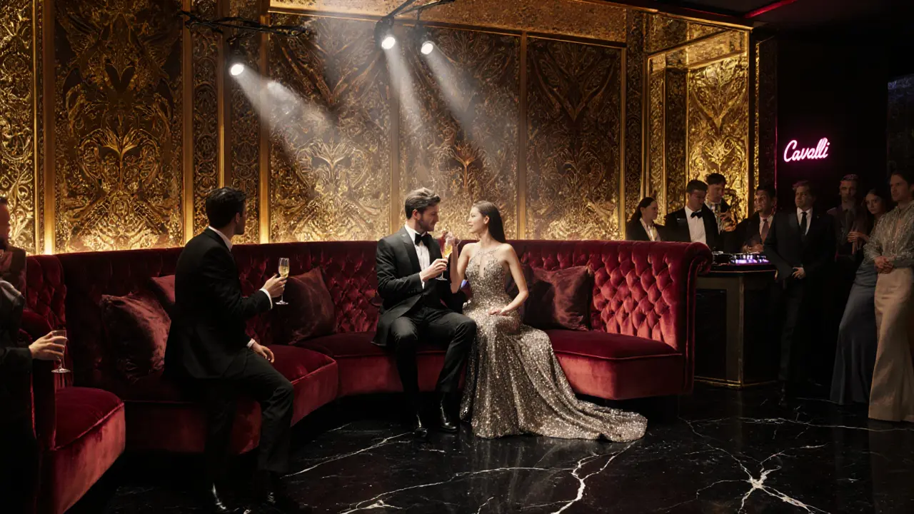 Luxurious Cavalli Club interior with gold walls, velvet sofas, and a glamorous couple.