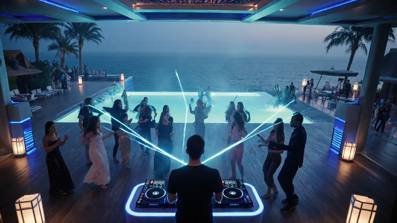 Maldive Club terrace with DJ, neon lights, dancing guests and sea view at night.