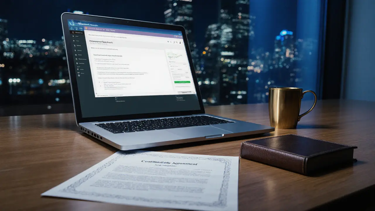 Modern office desk with laptop, blurred health certificate and confidentiality agreement.