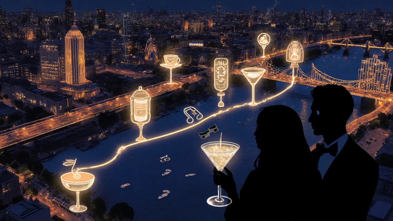 Nighttime map of London showing a cocktail bar hopping route.