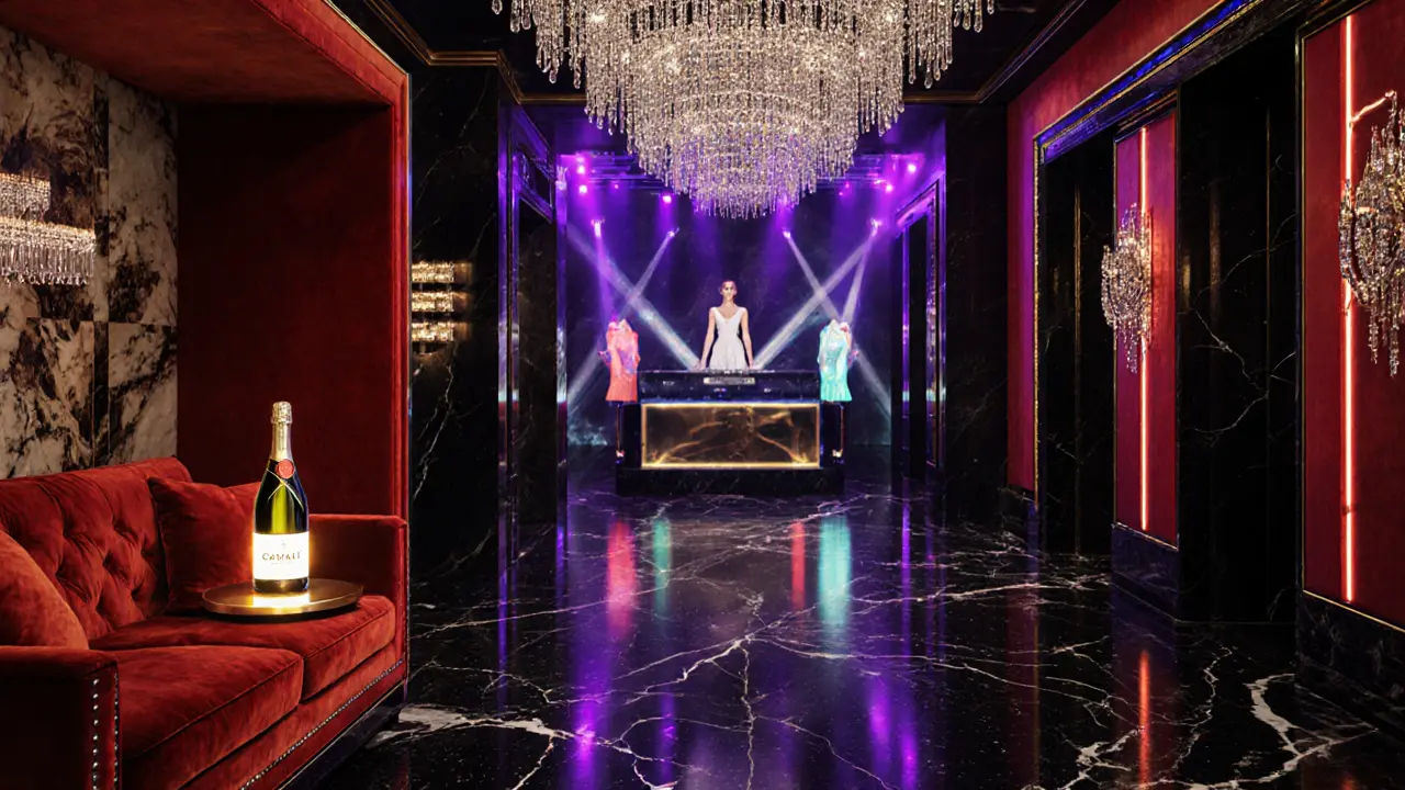 Opulent Cavalli Club interior with marble floor, crystal chandeliers, runway, and DJ booth.
