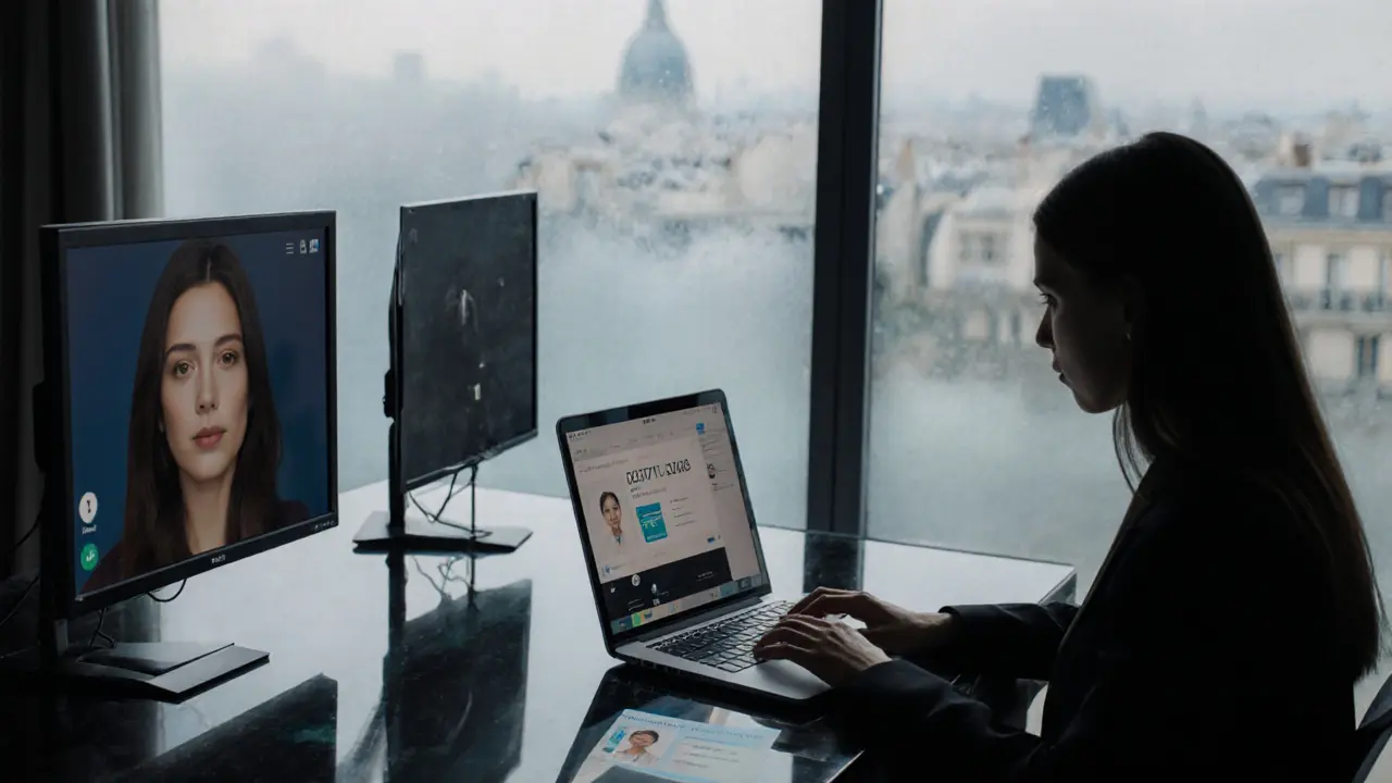 Person verifying an escort&#039;s ID and video call on a laptop in a dim office.