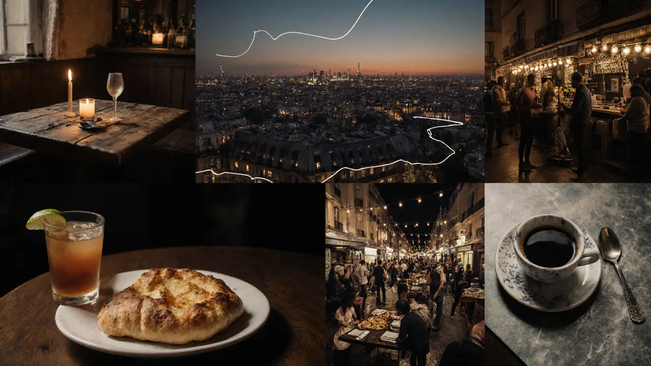 Sequence of a night-out route from Breizh Café to rooftop bar, market, and Au Passage.