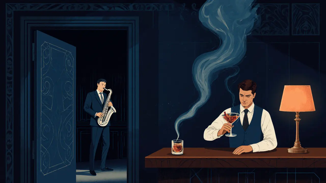 Speakeasy jazz scene with bartender pouring a smoked Old Fashioned.
