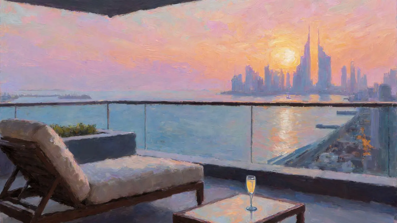 Sunrise over the Gulf seen from a penthouse terrace, champagne glass in foreground.