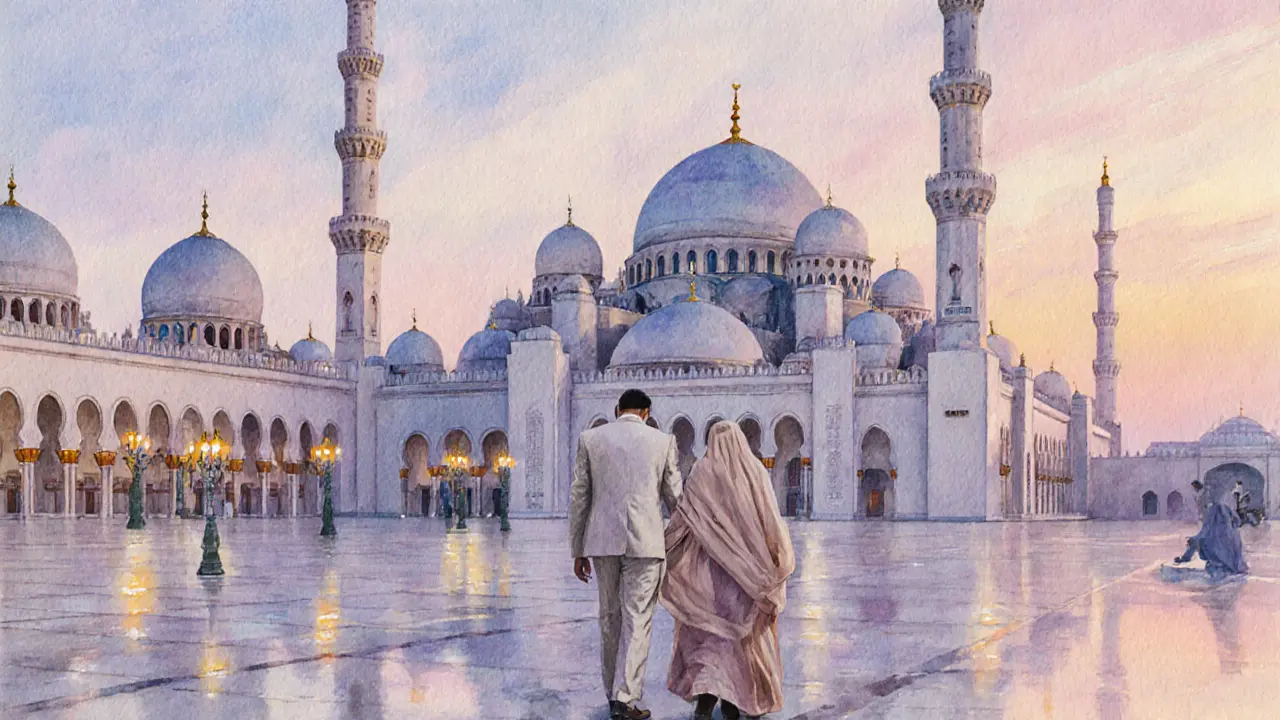 Twilight scene of Sheikh Zayed Grand Mosque courtyard with modestly dressed couple walking respectfully.