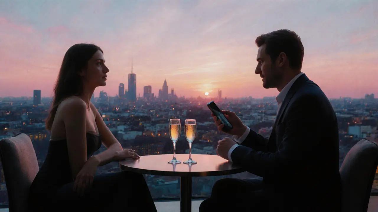 Two people enjoying champagne on a hotel rooftop as sunrise lights Berlin skyline.