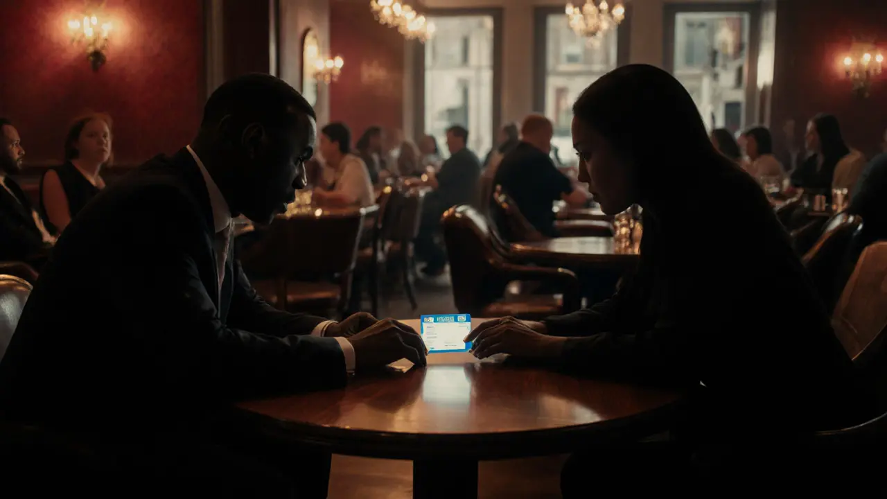 Two people exchanging ID cards in a dimly lit upscale bar.