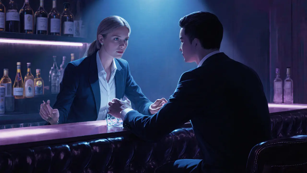 Two people subtly mirror each other&#039;s gestures at a dim cocktail bar.
