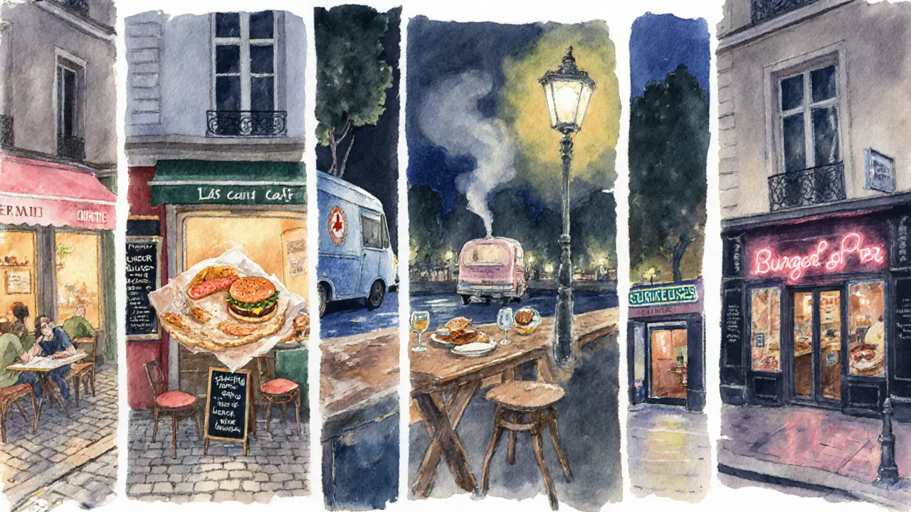 Watercolor collage of five Paris neighborhoods showing their distinct late-night eateries.