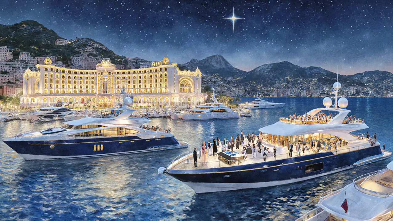 Yacht party at Port Hercules with glowing decks and Monaco skyline at night.