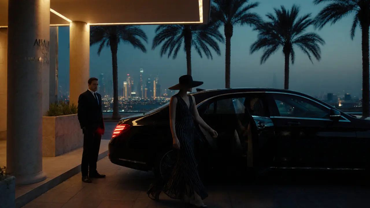 A black luxury car arriving at Armani Hotel in Dubai, a woman exiting discreetly under the evening sky.