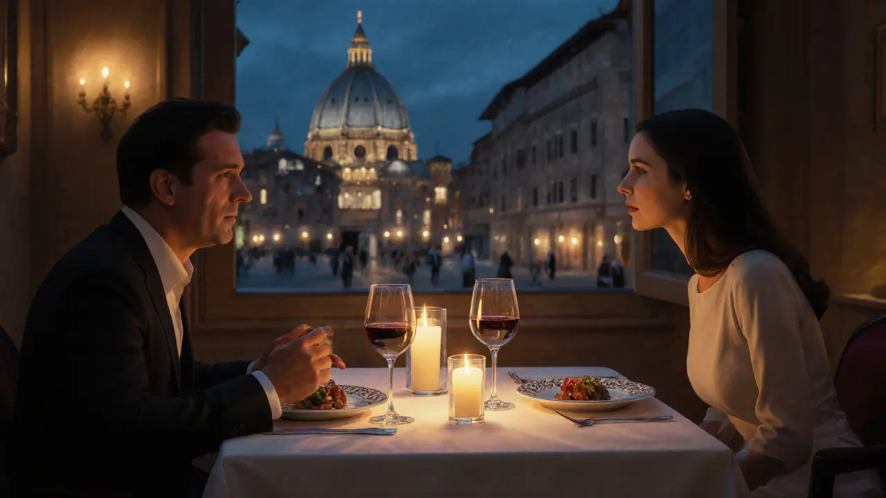 A client and companion enjoy a quiet dinner at a fine Milanese restaurant, with the Duomo visible in the background.
