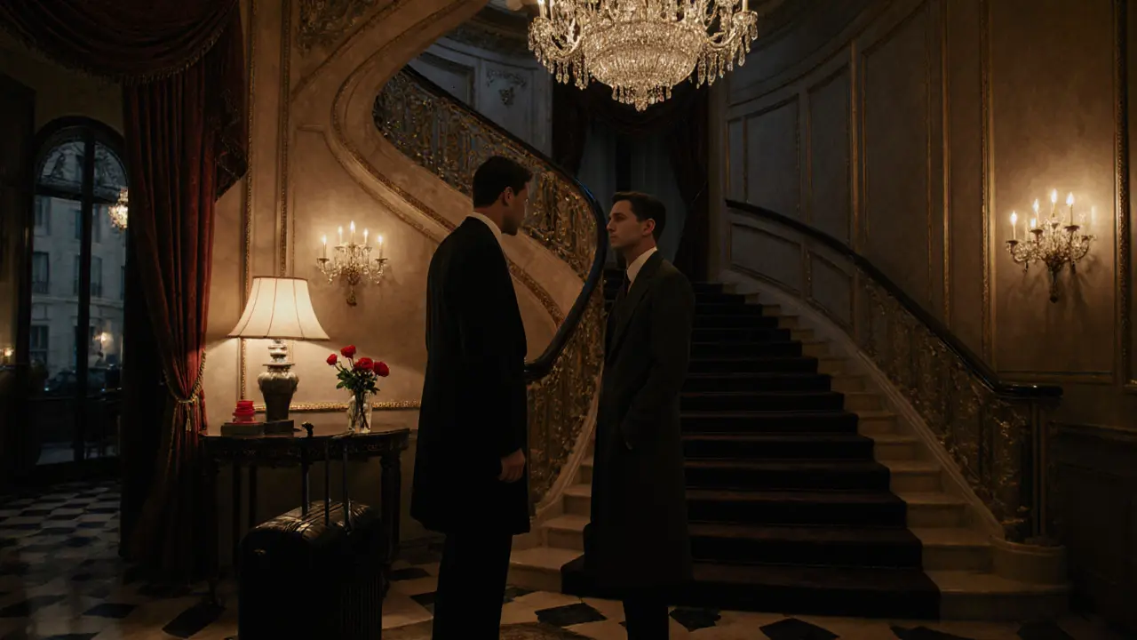 A client and escort meeting in a luxurious Paris hotel lobby, elegant and discreet.