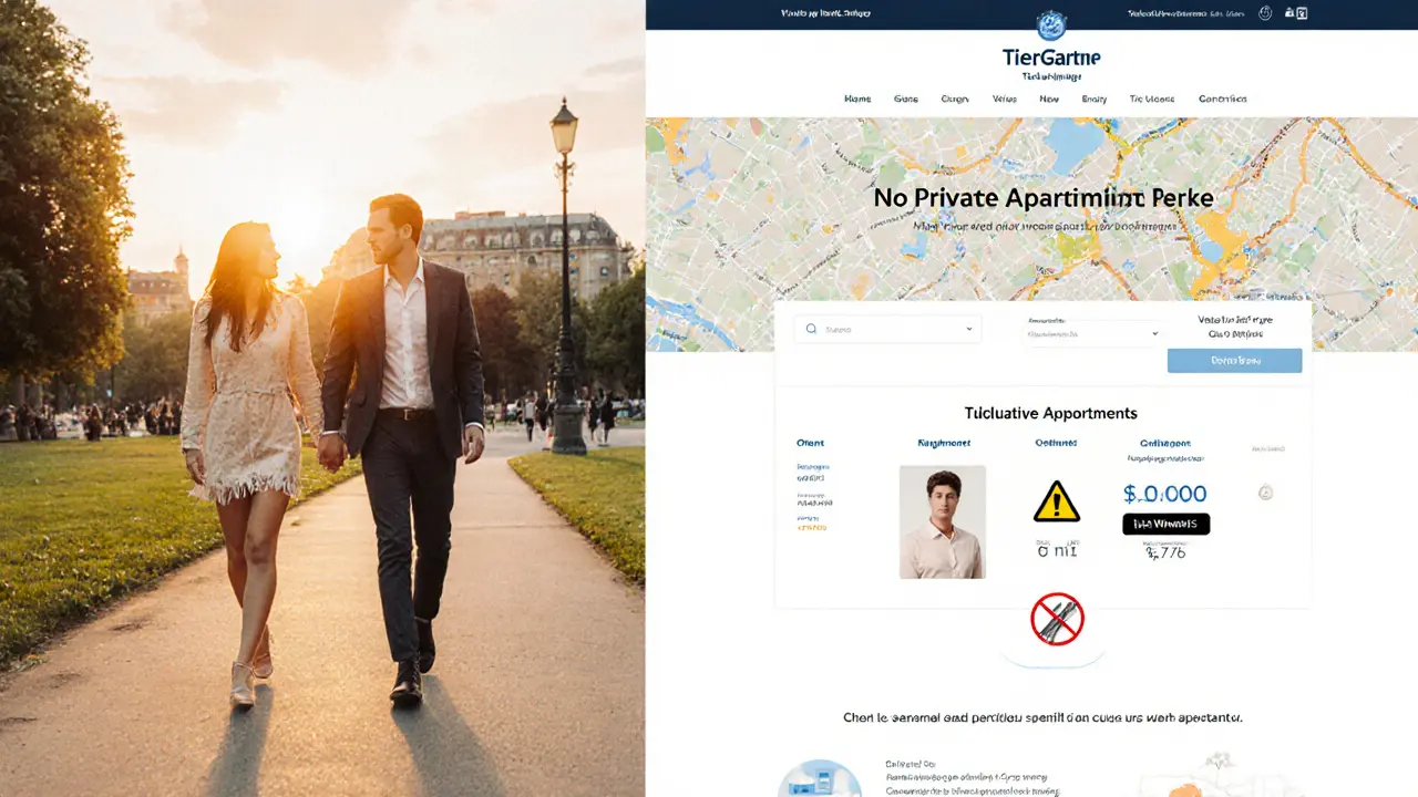 A client and escort walk through Tiergarten park while a secure booking website appears beside them.
