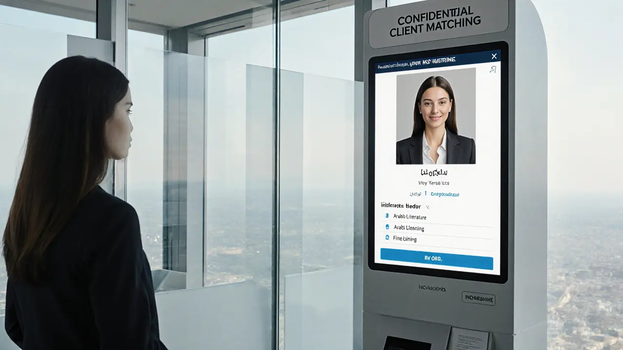 A client verifying identity at a discreet professional companionship agency office.