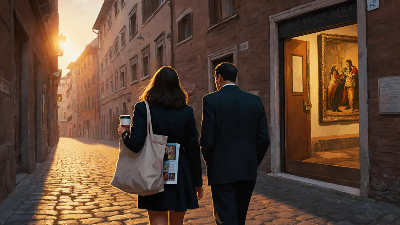 A companion and client walking through Brera at dusk, passing an art gallery with Renaissance paintings visible inside.